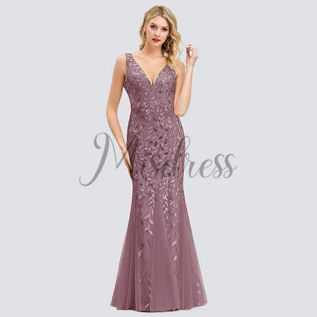 Sexy V Neck Tulle Sequin Evening Dress Prom Party Dress - 2 / Dusty Pink