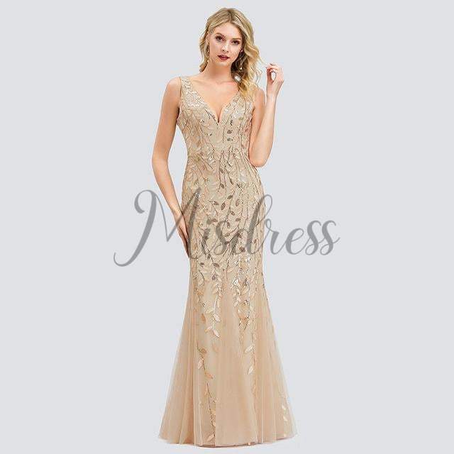 Sexy V Neck Tulle Sequin Evening Dress Prom Party Dress - 2 / Gold