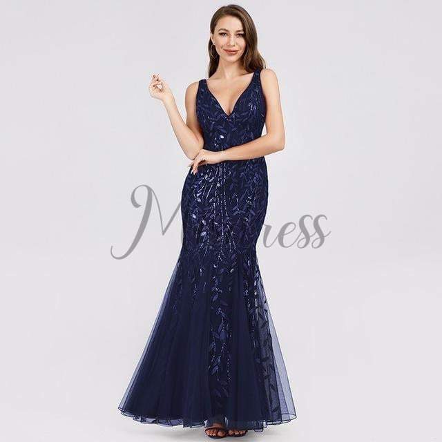 Sexy V Neck Tulle Sequin Evening Dress Prom Party Dress - 2 / Navy Blue