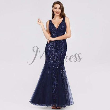 Sexy V Neck Tulle Sequin Evening Dress Prom Party Dress - 2 / Navy Blue