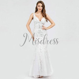 Sexy V Neck Tulle Sequin Evening Dress Prom Party Dress - 2 / White