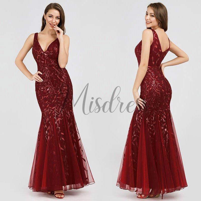 Sexy V Neck Tulle Sequin Evening Dress Prom Party Dress