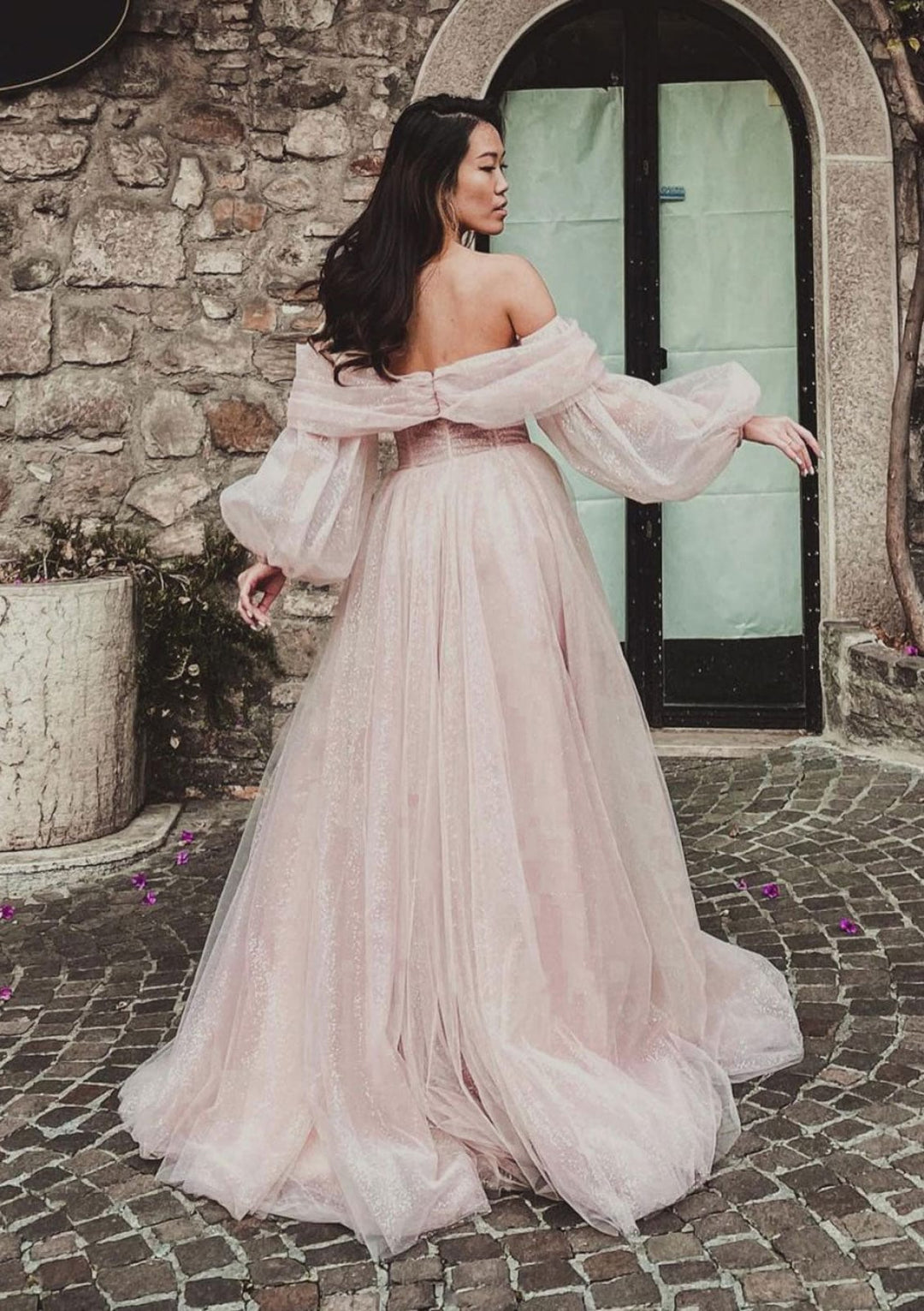 open lace back dress Sexy Sweetheart Off Shoulder Lantern Sleeve Princess Tulle Prom Dress, Split