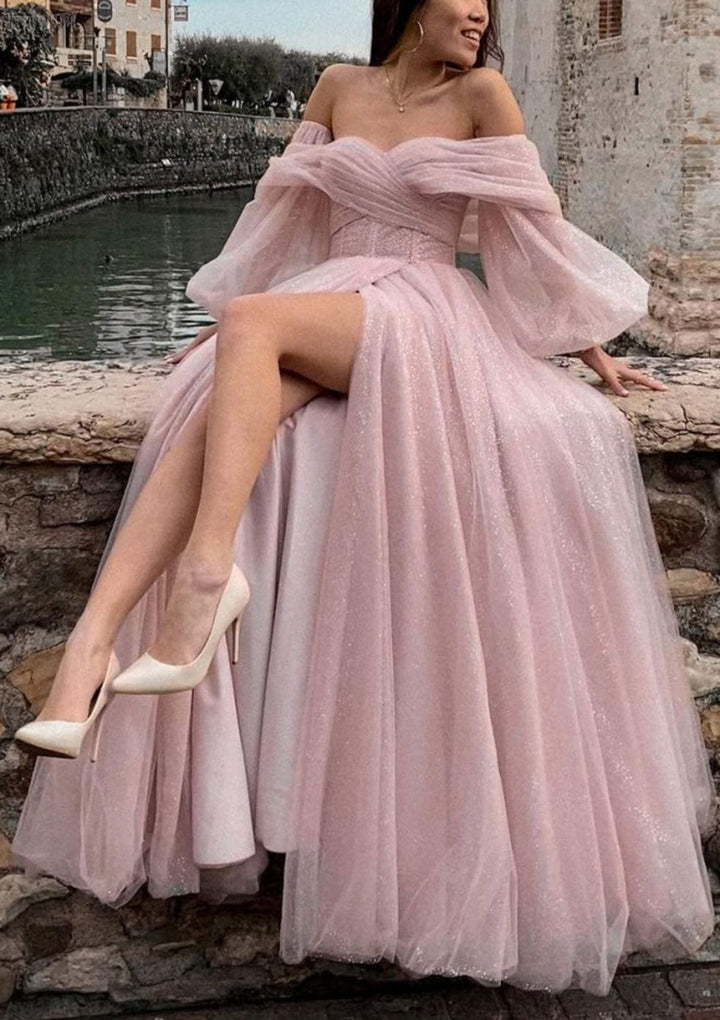 Sexy Sweetheart Off Shoulder Lantern Sleeve Princess Tulle Prom Dress, Split Sexy Sweetheart Off Shoulder Lantern Sleeve Princess Tulle Prom Dress, Split