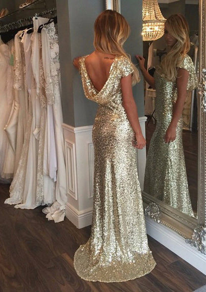 Sheath/Column Bateau Short Sleeve Sweep Train Sequined