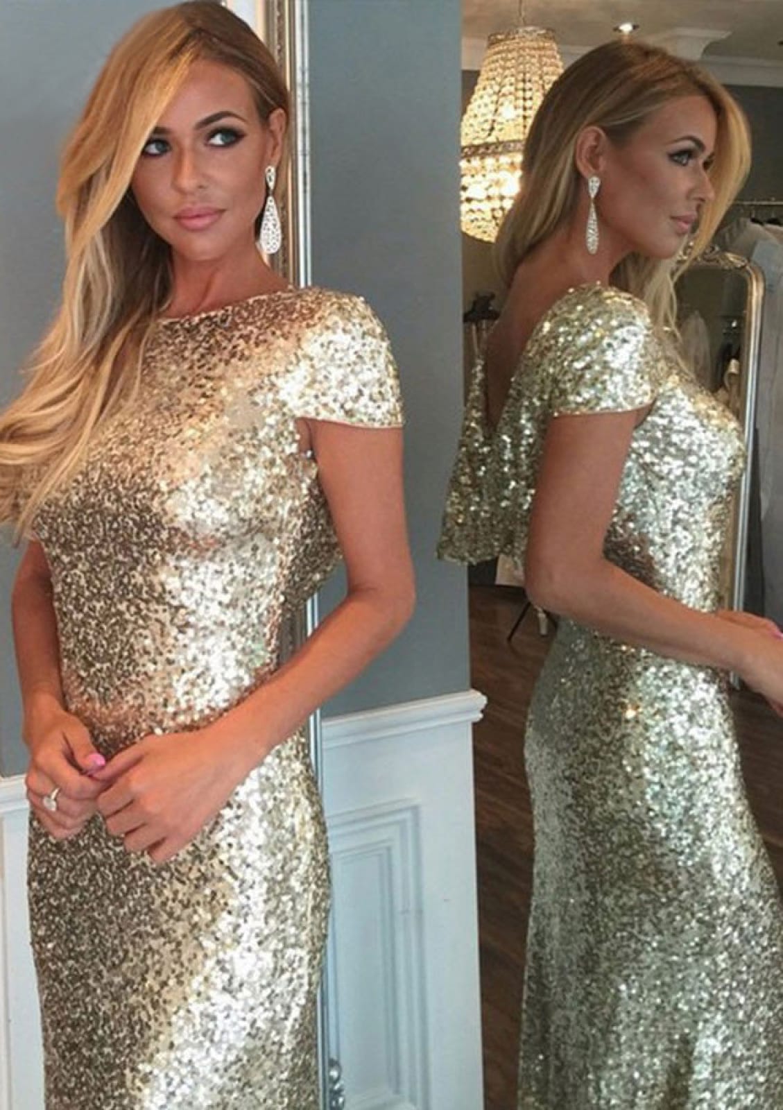 Sheath/Column Bateau Short Sleeve Sweep Train Sequined