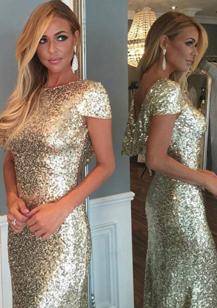 Sheath Bateau Short Sleeve Draped Floor Length Sweep Gold Sequin Eveni