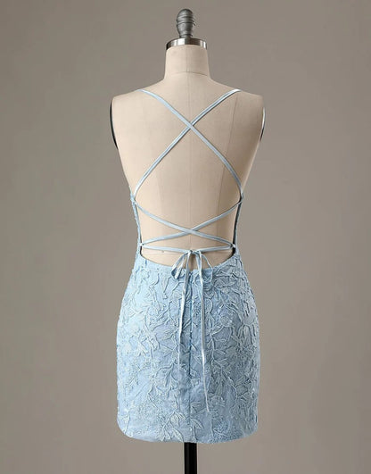 Sheath Lace Spaghetti Straps Backless Short Mini Homecoming 