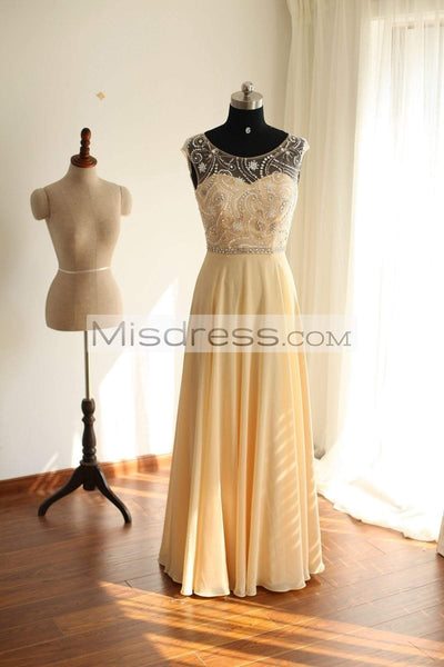 Sheer See Through Backless Champagne Chiffon Long Bridesmaid Dress / Prom Dress - Prom Dresses