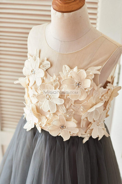 Sheer Illusion Neck Gray Tulle Wedding Flower Girl Dress With Champagne 3D Flowers - Flower Girl Dresses