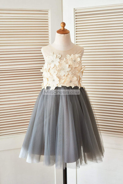 Sheer Illusion Neck Gray Tulle Wedding Flower Girl Dress With Champagne 3D Flowers - Flower Girl Dresses
