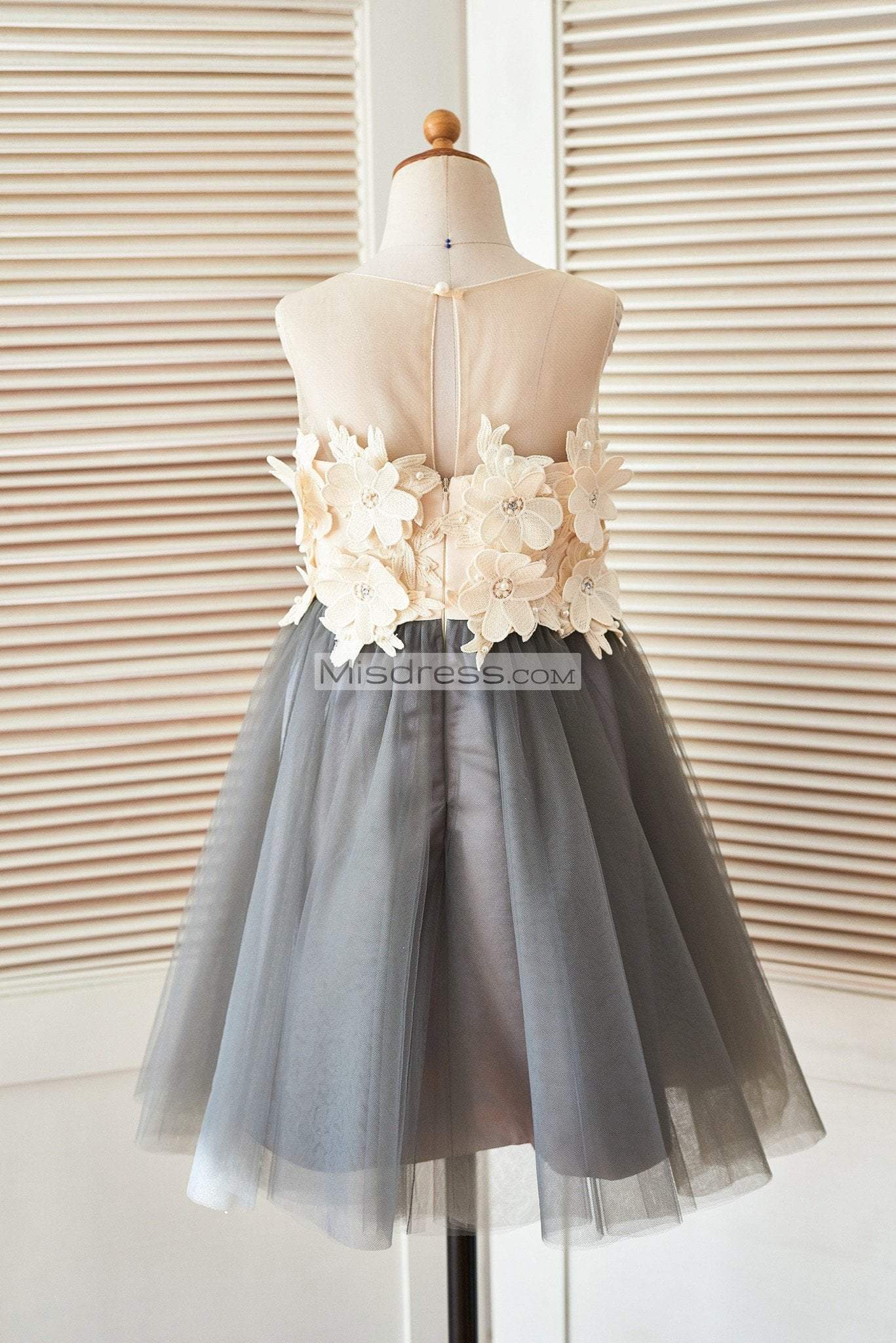 Sheer Illusion Neck Gray Tulle Wedding Flower Girl Dress With Champagne 3D Flowers - Flower Girl Dresses