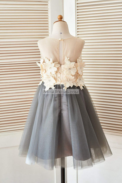 Sheer Illusion Neck Gray Tulle Wedding Flower Girl Dress With Champagne 3D Flowers - Flower Girl Dresses