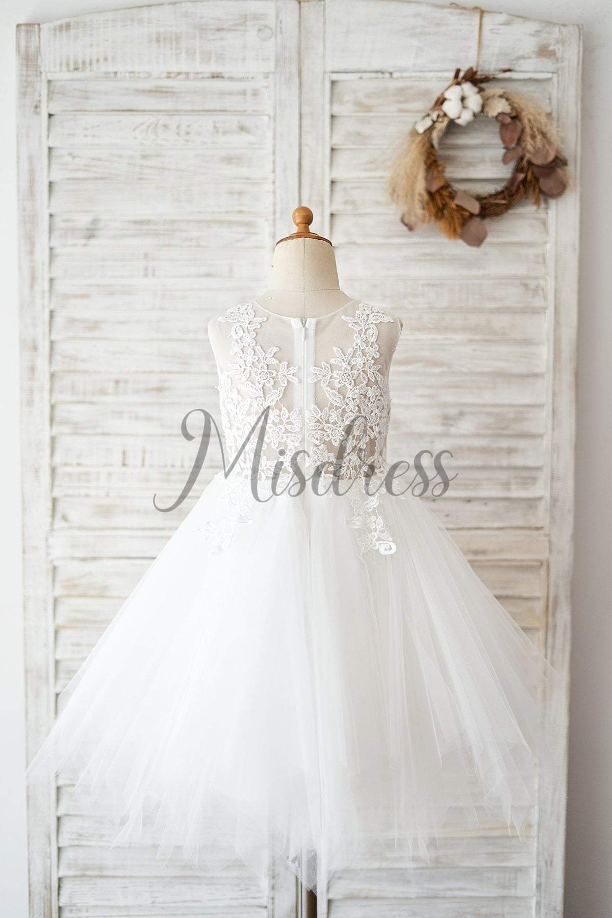 Sheer Back Ivory Lace Tulle Wedding Flower Girl Dress - Flower Girl Dresses