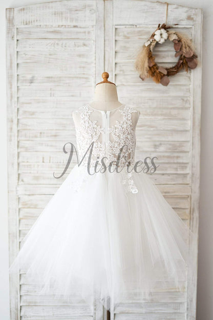 Sheer Back Ivory Lace Tulle Wedding Flower Girl Dress - Flower Girl Dresses