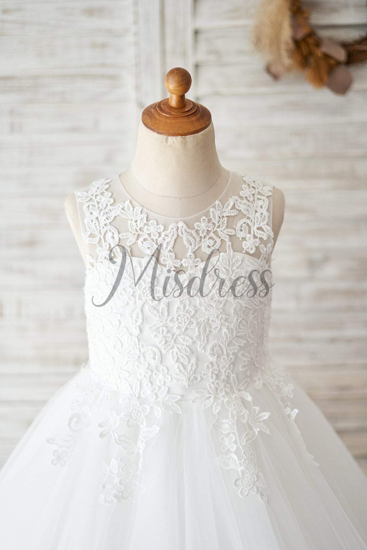 Sheer Back Ivory Lace Tulle Wedding Flower Girl Dress - Flower Girl Dresses