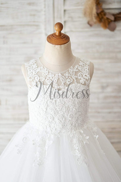 Sheer Back Ivory Lace Tulle Wedding Flower Girl Dress - Flower Girl Dresses