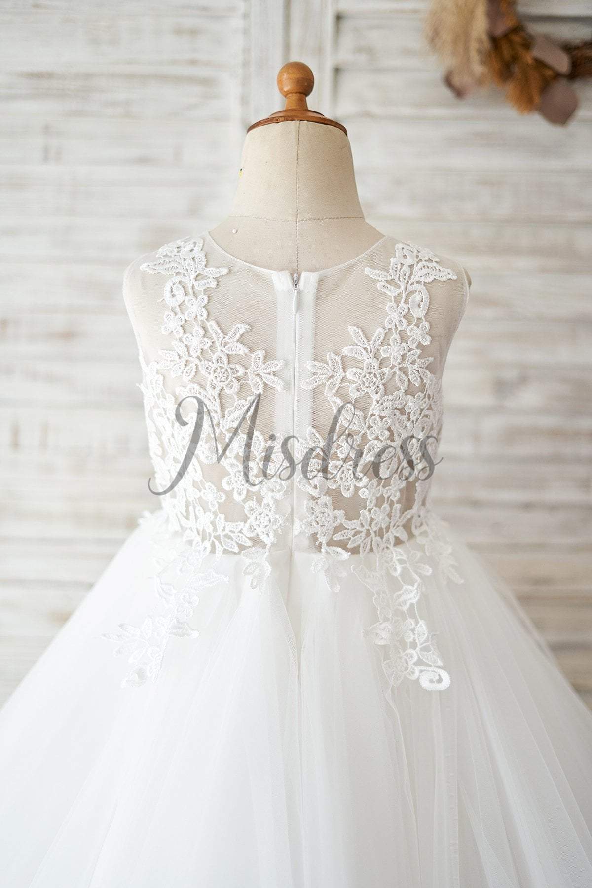 Sheer Back Ivory Lace Tulle Wedding Flower Girl Dress - Flower Girl Dresses