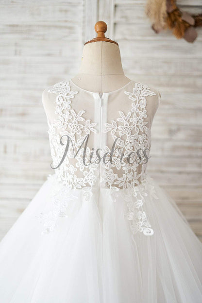 Sheer Back Ivory Lace Tulle Wedding Flower Girl Dress - Flower Girl Dresses
