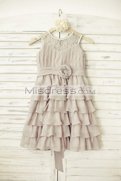 Sheer Lace Grey Chiffon Tiered Flower Girl Dress - Flower Girl Dresses