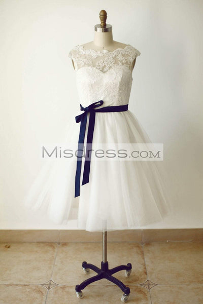 Sheer Lace Sweetheart Tulle Short Bridesmaid Dress (navy blue sash) - Bridesmaid Dresses