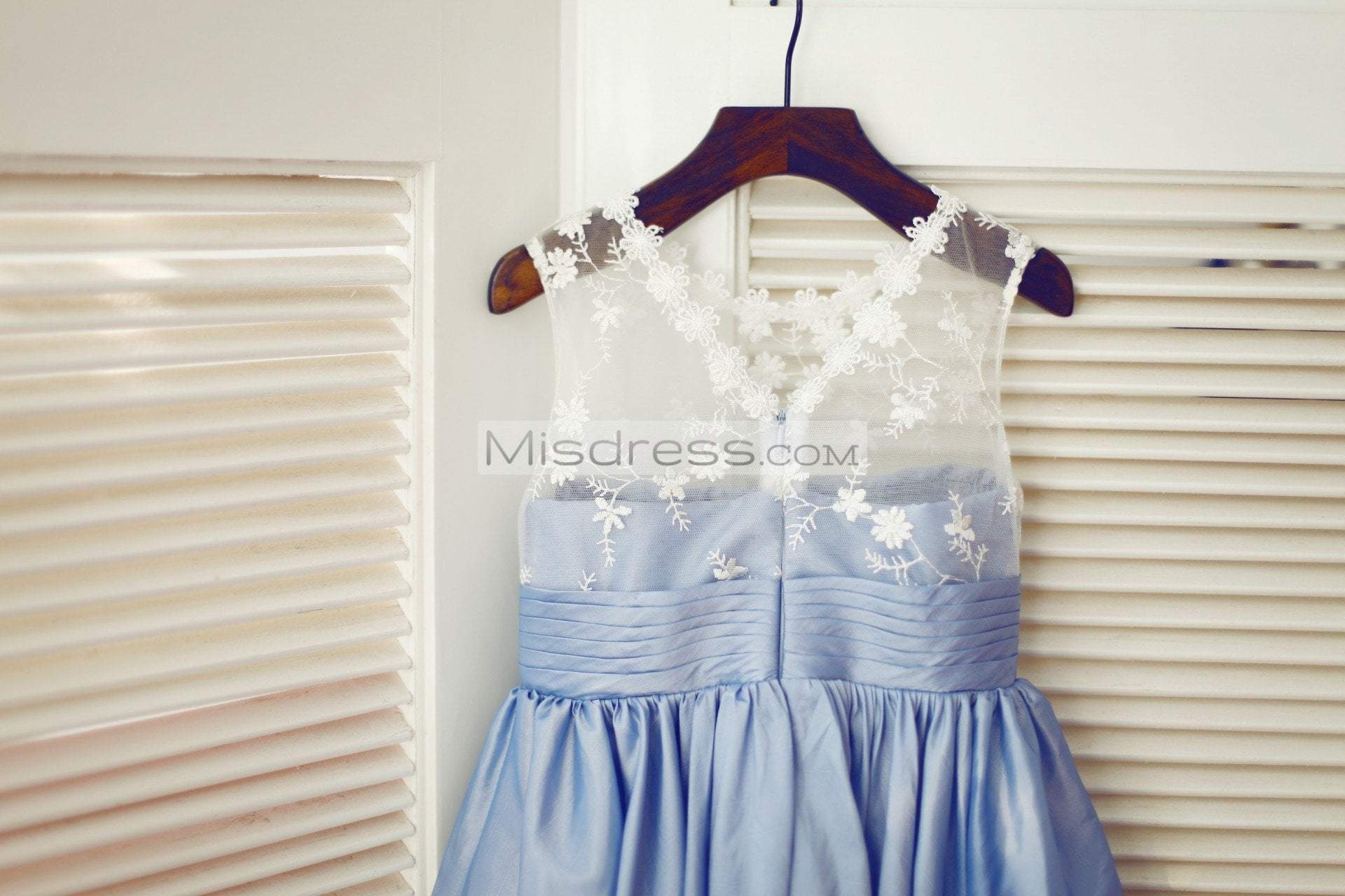 Ivory Lace Blue Taffeta Wedding Flower Girl Dress - Flower Girl Dresses