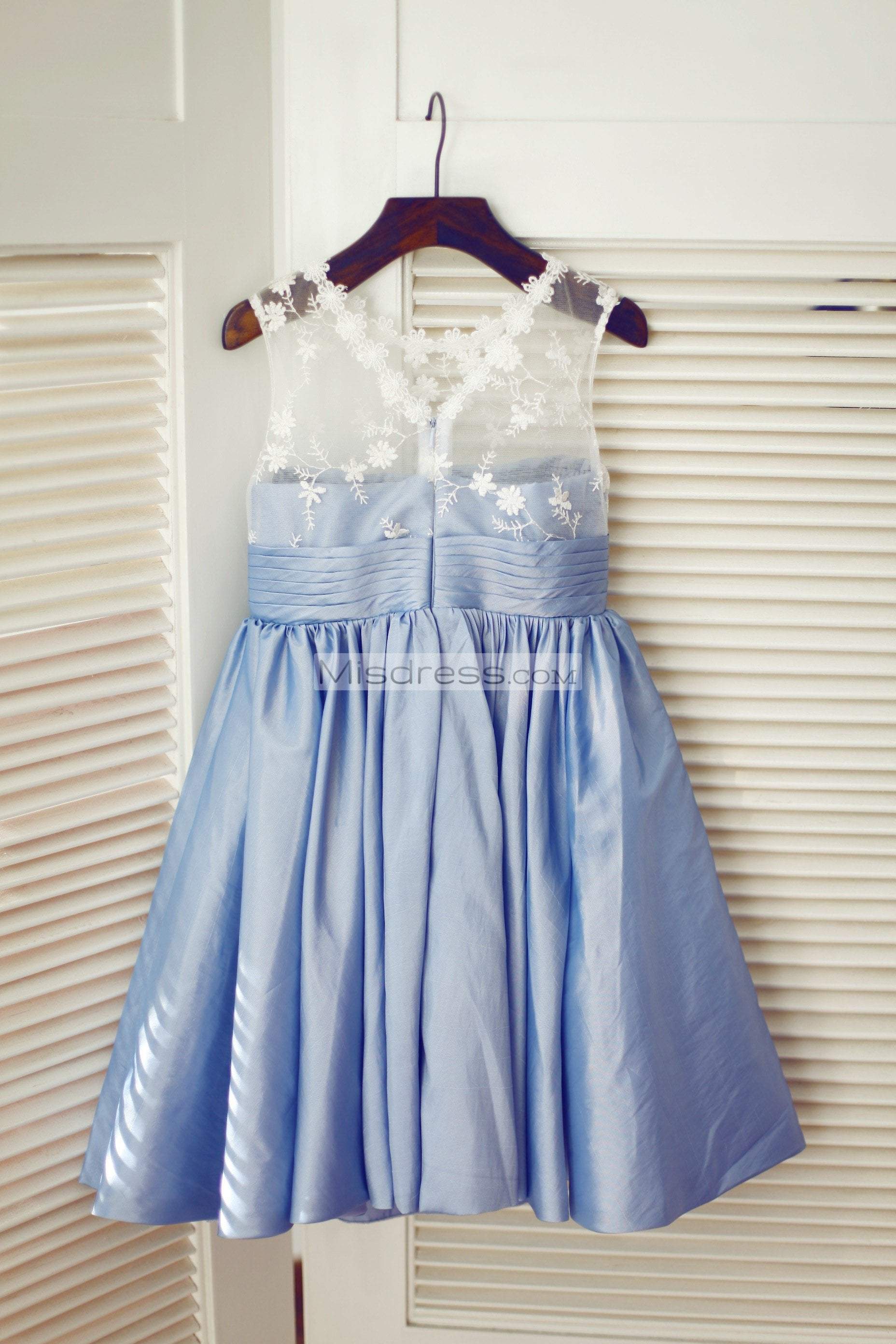 Ivory Lace Blue Taffeta Wedding Flower Girl Dress - Flower Girl Dresses