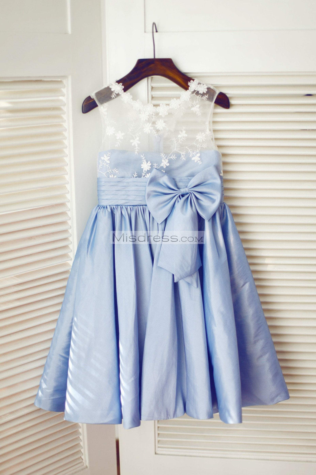 Sheer Neck Ivory Lace Blue Taffeta Wedding Flower Girl Dress 7T --- Chest = 26 inches/ Waist = 25 inches/ Hollow to knee = 27 inches