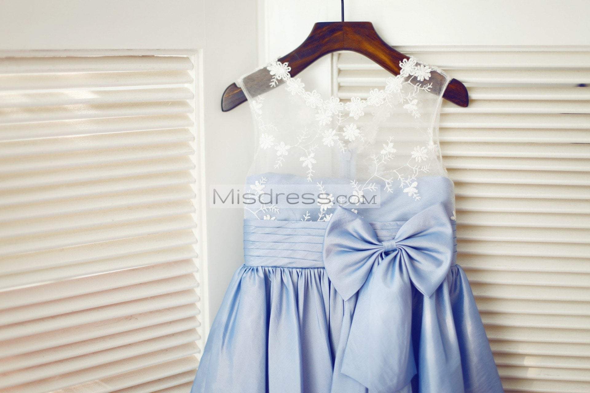 Ivory Lace Blue Taffeta Wedding Flower Girl Dress - Flower Girl Dresses