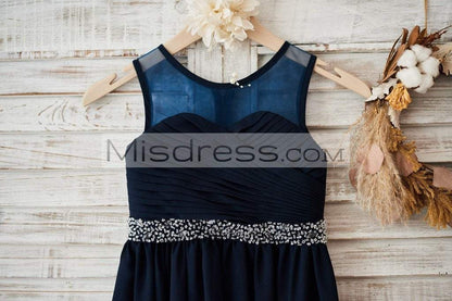Sheer Neck Navy Blue Chiffon Wedding Flower Girl Dress with Beaded Belt - Flower Girl Dresses