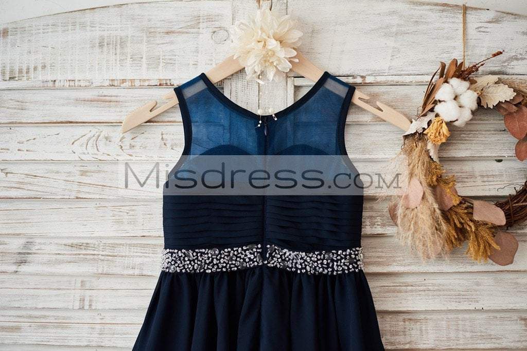 Sheer Neck Navy Blue Chiffon Wedding Flower Girl Dress with Beaded Belt - Flower Girl Dresses