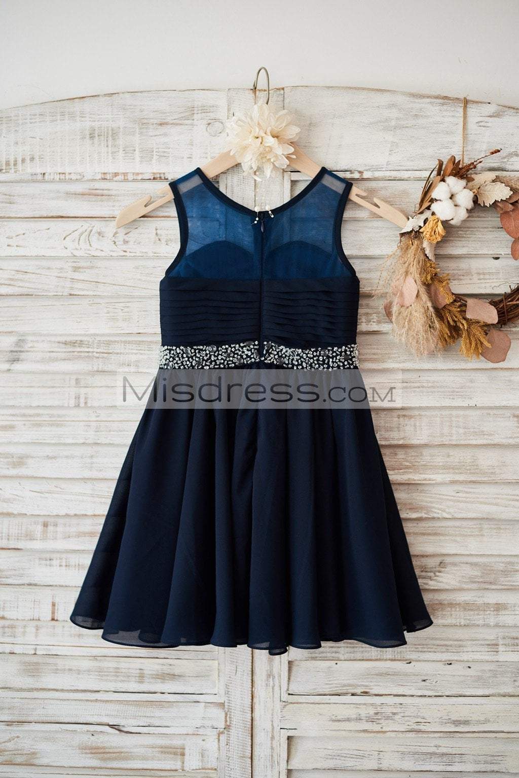 Sheer Neck Navy Blue Chiffon Wedding Flower Girl Dress with Beaded Belt - Flower Girl Dresses