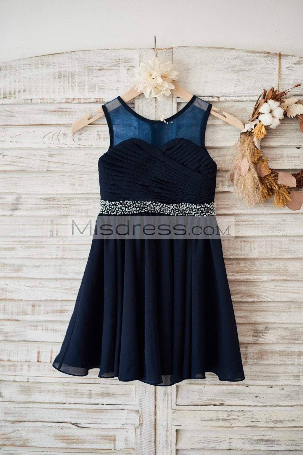 Sheer Neck Navy Blue Chiffon Wedding Flower Girl Dress, Beaded Belt 1T --- Chest = 20 inches/ Waist = 19 inches/ Hollow to knee = 20.5 inches