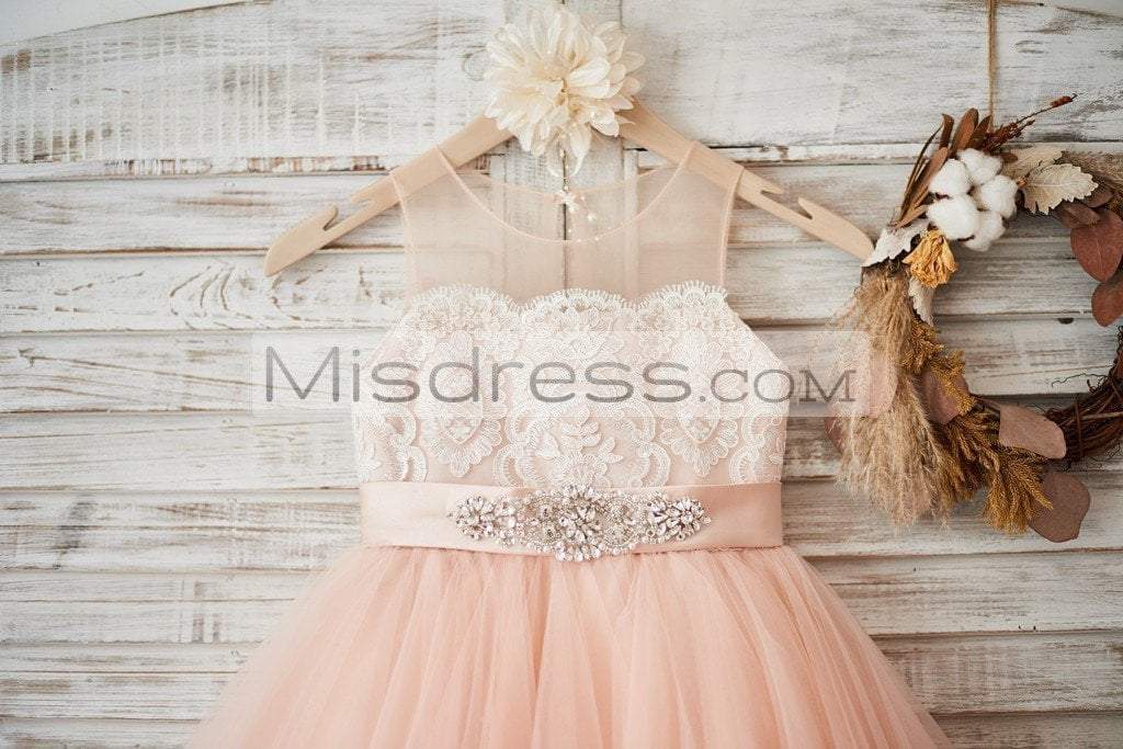 Sheer Neck Peach Pink Tulle Ivory Lace Wedding Flower Girl Dress With Beaded Sash - Flower Girl Dresses