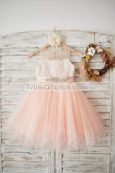 Sheer Neck Peach Pink Tulle Ivory Lace Wedding Flower Girl Dress With Beaded Sash - Flower Girl Dresses