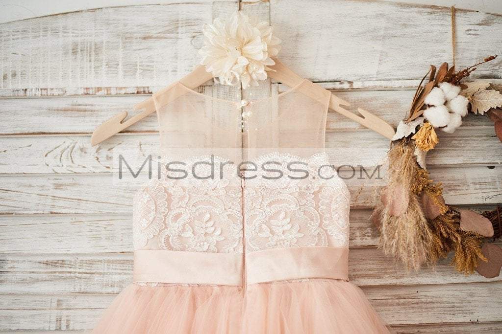 Sheer Neck Peach Pink Tulle Ivory Lace Wedding Flower Girl Dress With Beaded Sash - Flower Girl Dresses