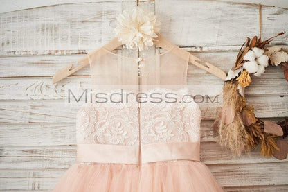 Sheer Neck Peach Pink Tulle Ivory Lace Wedding Flower Girl Dress With Beaded Sash - Flower Girl Dresses