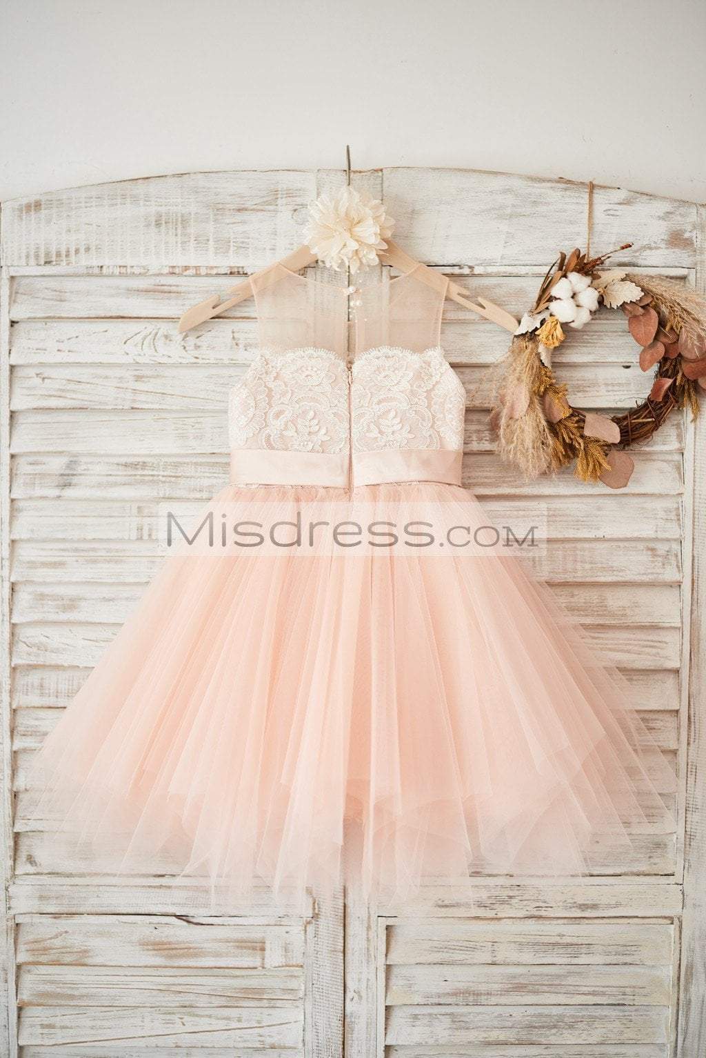 Sheer Neck Peach Pink Tulle Ivory Lace Wedding Flower Girl Dress With Beaded Sash - Flower Girl Dresses