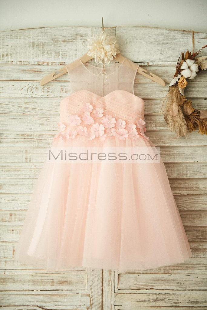 Sheer Neck Pink Tulle Wedding Flower Girl Dress, Beading / 3D Flower 4T