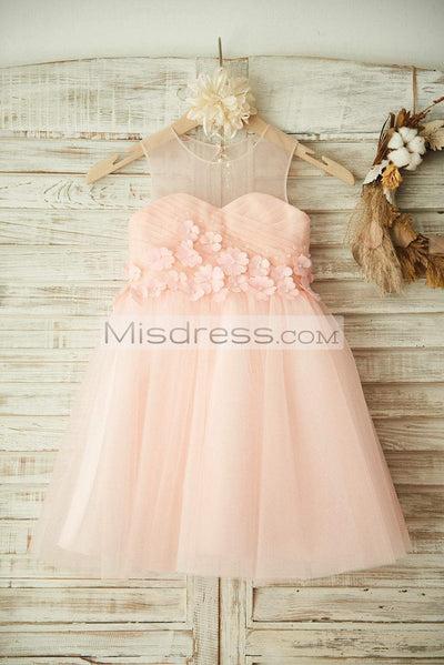 Sheer Neck Pink Tulle Wedding Flower Girl Dress with Beading and 3D Flower - Flower Girl Dresses