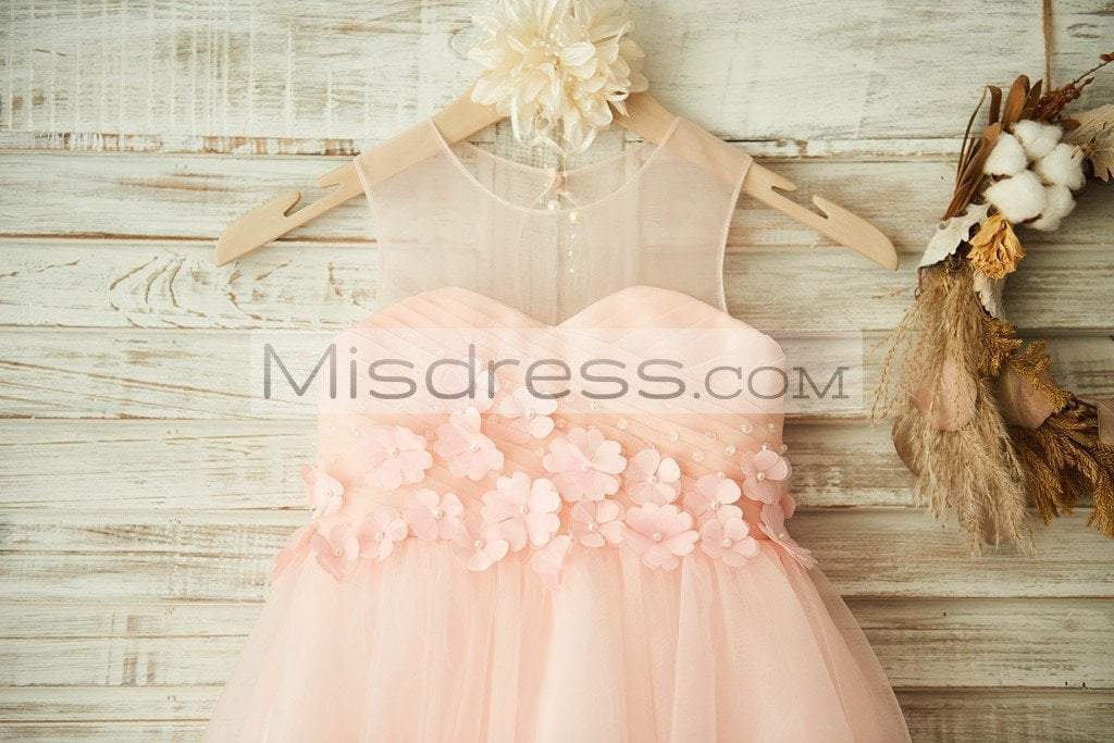 Sheer Neck Pink Tulle Wedding Flower Girl Dress with Beading and 3D Flower - Flower Girl Dresses