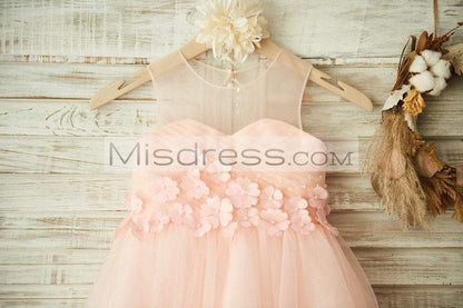 Sheer Neck Pink Tulle Wedding Flower Girl Dress with Beading and 3D Flower - Flower Girl Dresses