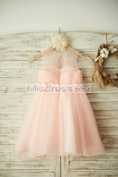 Sheer Neck Pink Tulle Wedding Flower Girl Dress with Beading and 3D Flower - Flower Girl Dresses