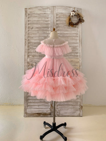 Sheer Neck Pink Ruffles Tulle Wedding Flower Girl Dress Kids Party Glittering Bow