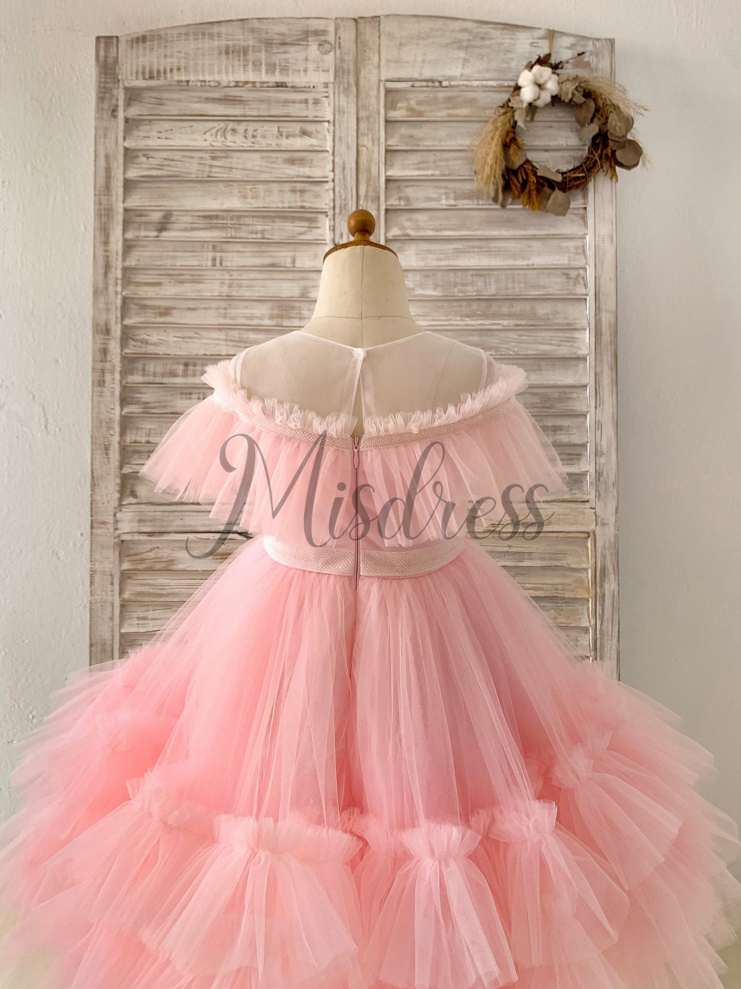 Sheer Neck Pink Ruffles Tulle Wedding Flower Girl Dress Kids Party Glittering Bow