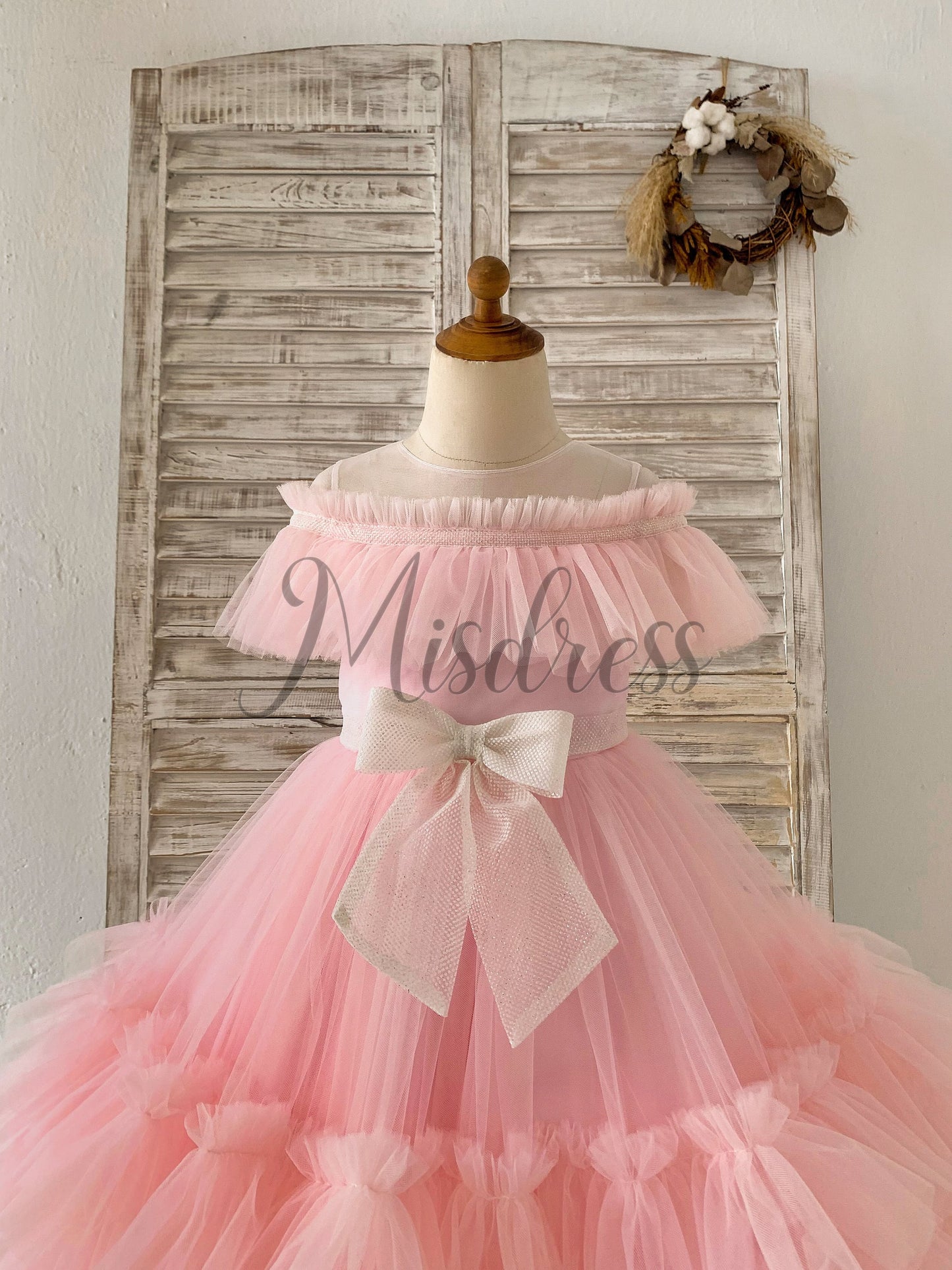 Sheer Neck Pink Ruffles Tulle Wedding Flower Girl Dress Kids Party Glittering Bow