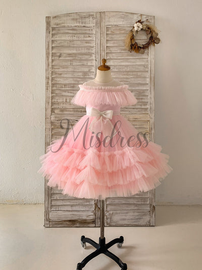 Sheer Neck Pink Ruffles Tulle Wedding Flower Girl Dress Kids Party Glittering Bow