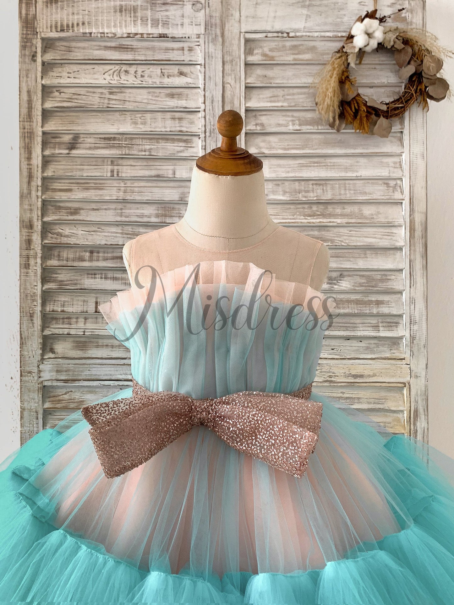 Sheer Neck Pink+Teal Tulle Ruffles Wedding Flower Girl Dress Kids Occasion Dress