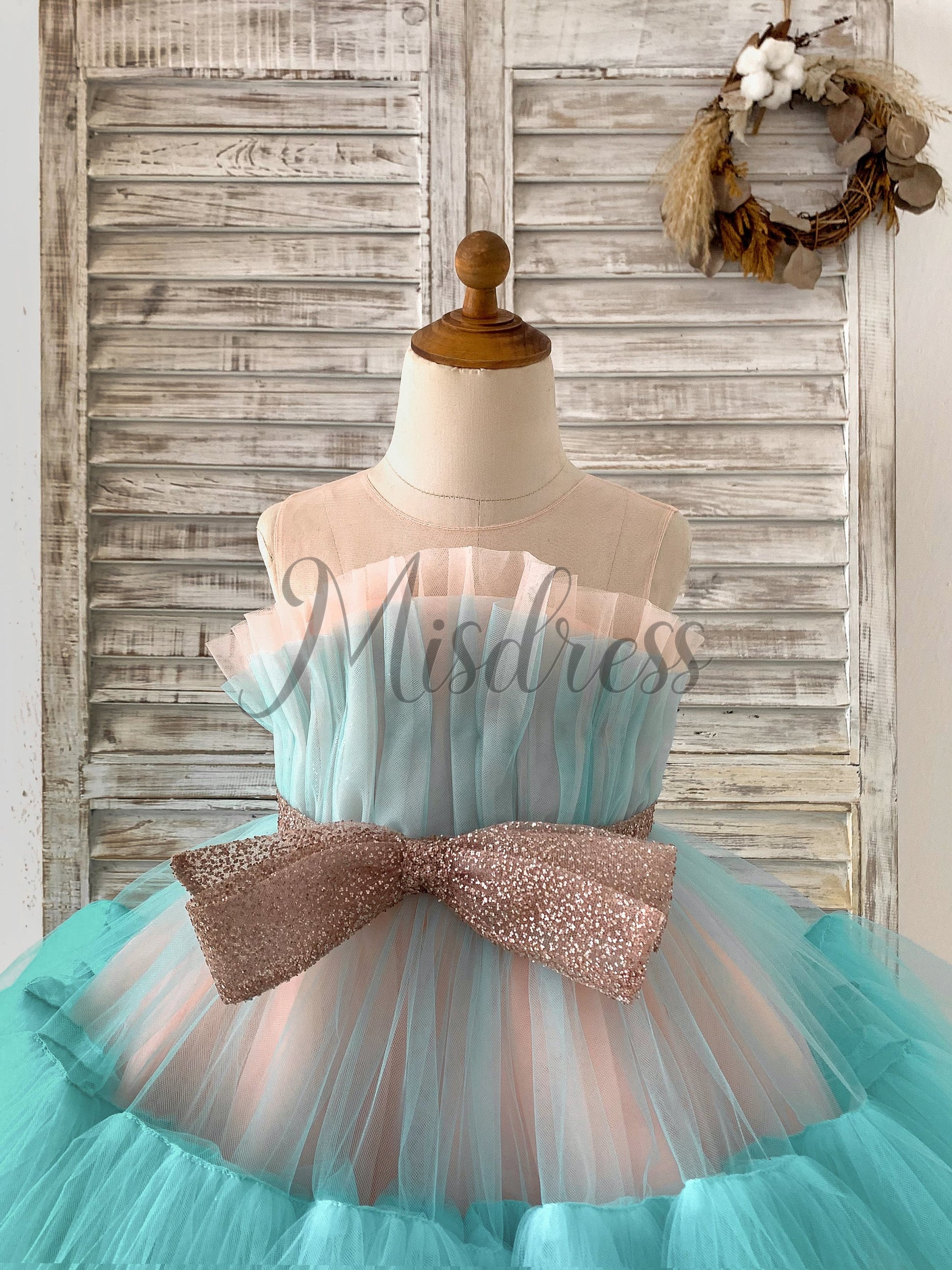 Sheer Neck Pink+Teal Tulle Ruffles Wedding Flower Girl Dress Kids Occasion Dress