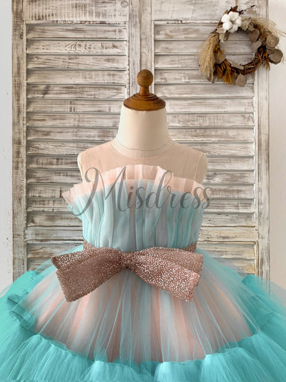 Sheer Neck Pink+Teal Tulle Ruffles Wedding Flower Girl Dress Kids Occasion Dress